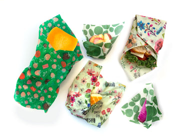 Butternut squash, apple, cheese, red onion, and sandwich, each wrapped in reusable beeswax wraps