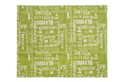 Beeswax food wrap with green with pastry names like 'baguette' and 'brioche' printed in white