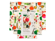 white beeswax reusable food wrap with colorful fruits and vegetables design